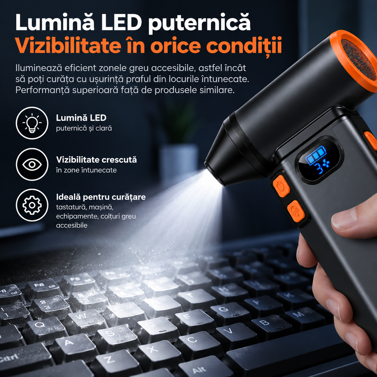 Suflantă Aer Comprimat, Portabilă, Turbo 110000 RPM, 4 Trepte de Viteză, Baterie 5200 mAh, Lumină LED, Până la 60 Minute Utilizare, Reîncărcabilă USB-C, Motor Brushless 100W, Pentru Curte sau Mașină
