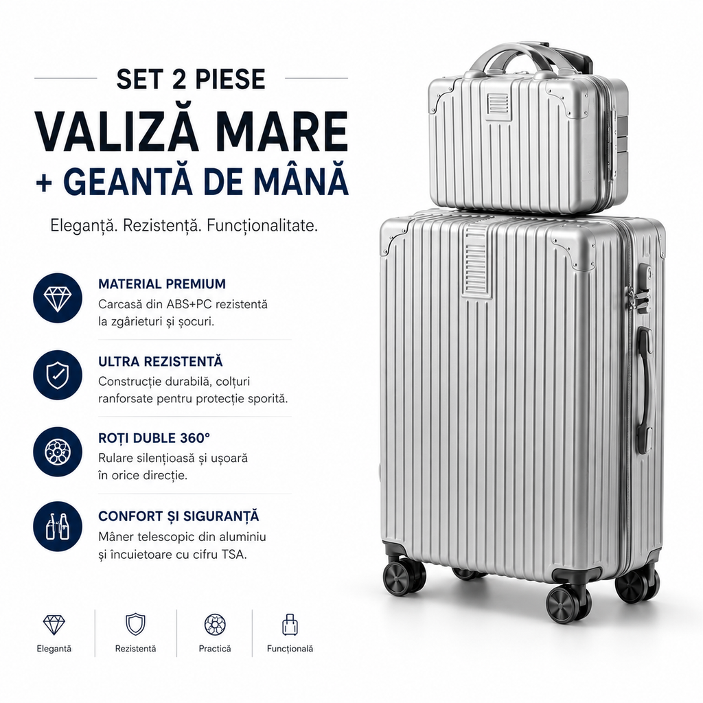 Set 2 Piese Troller și Geantă de Mână, Bagaj Cabină Avion și Cală, ABS+PC, Cifru TSA, 4 Roți Duble Silențioase 360°, Mâner Telescopic Aluminiu, Colțuri Ranforsate, Interior Compartimentat