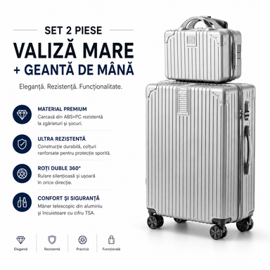 Set 2 Piese Troller și Geantă de Mână, Bagaj Cabină Avion și Cală, ABS+PC, Cifru TSA, 4 Roți Duble Silențioase 360°, Mâner Telescopic Aluminiu, Colțuri Ranforsate, Interior Compartimentat