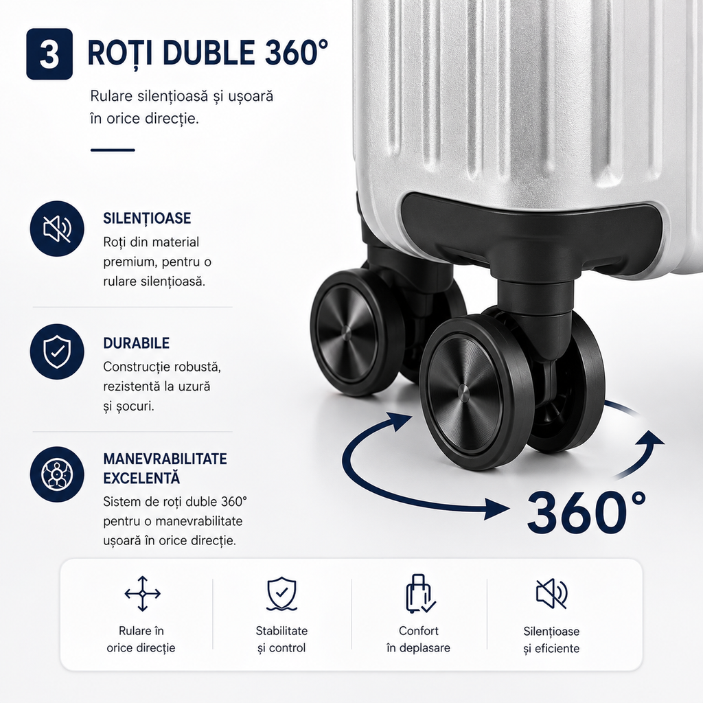 Set 2 Piese Troller și Geantă de Mână, Bagaj Cabină Avion și Cală, ABS+PC, Cifru TSA, 4 Roți Duble Silențioase 360°, Mâner Telescopic Aluminiu, Colțuri Ranforsate, Interior Compartimentat