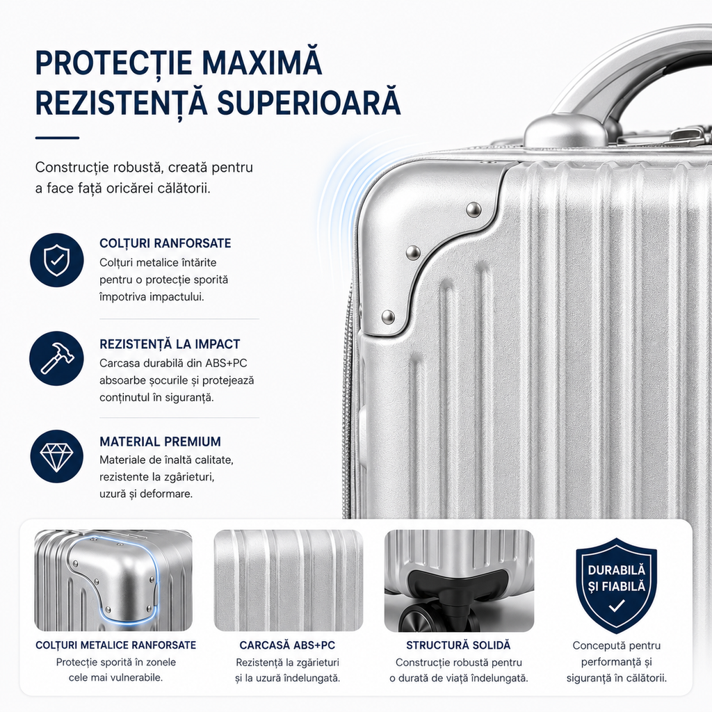 Set 2 Piese Troller și Geantă de Mână, Bagaj Cabină Avion și Cală, ABS+PC, Cifru TSA, 4 Roți Duble Silențioase 360°, Mâner Telescopic Aluminiu, Colțuri Ranforsate, Interior Compartimentat