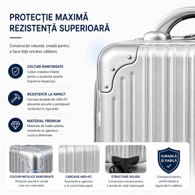 Set 2 Piese Troller și Geantă de Mână, Bagaj Cabină Avion și Cală, ABS+PC, Cifru TSA, 4 Roți Duble Silențioase 360°, Mâner Telescopic Aluminiu, Colțuri Ranforsate, Interior Compartimentat