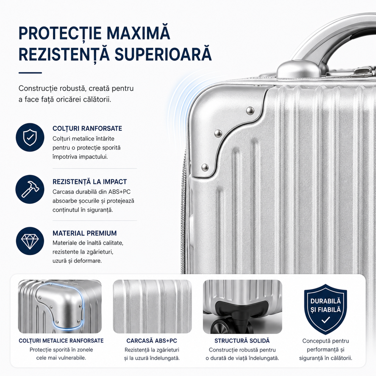 Set 2 Piese Troller și Geantă de Mână, Bagaj Cabină Avion și Cală, ABS+PC, Cifru TSA, 4 Roți Duble Silențioase 360°, Mâner Telescopic Aluminiu, Colțuri Ranforsate, Interior Compartimentat