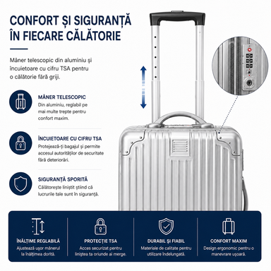Set 2 Piese Troller și Geantă de Mână, Bagaj Cabină Avion și Cală, ABS+PC, Cifru TSA, 4 Roți Duble Silențioase 360°, Mâner Telescopic Aluminiu, Colțuri Ranforsate, Interior Compartimentat
