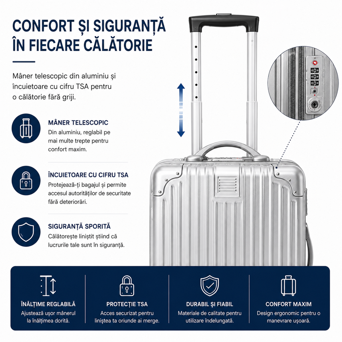 Set 2 Piese Troller și Geantă de Mână, Bagaj Cabină Avion și Cală, ABS+PC, Cifru TSA, 4 Roți Duble Silențioase 360°, Mâner Telescopic Aluminiu, Colțuri Ranforsate, Interior Compartimentat