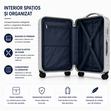 Set 2 Piese Troller și Geantă de Mână, Bagaj Cabină Avion și Cală, ABS+PC, Cifru TSA, 4 Roți Duble Silențioase 360°, Mâner Telescopic Aluminiu, Colțuri Ranforsate, Interior Compartimentat