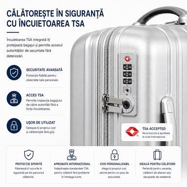Set 2 Piese Troller și Geantă de Mână, Bagaj Cabină Avion și Cală, ABS+PC, Cifru TSA, 4 Roți Duble Silențioase 360°, Mâner Telescopic Aluminiu, Colțuri Ranforsate, Interior Compartimentat