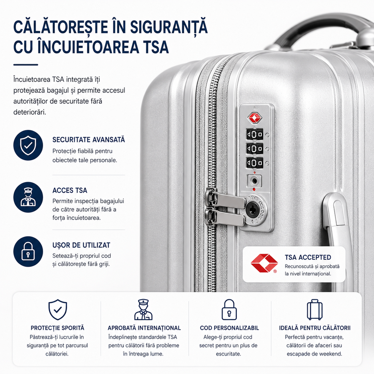 Set 2 Piese Troller și Geantă de Mână, Bagaj Cabină Avion și Cală, ABS+PC, Cifru TSA, 4 Roți Duble Silențioase 360°, Mâner Telescopic Aluminiu, Colțuri Ranforsate, Interior Compartimentat