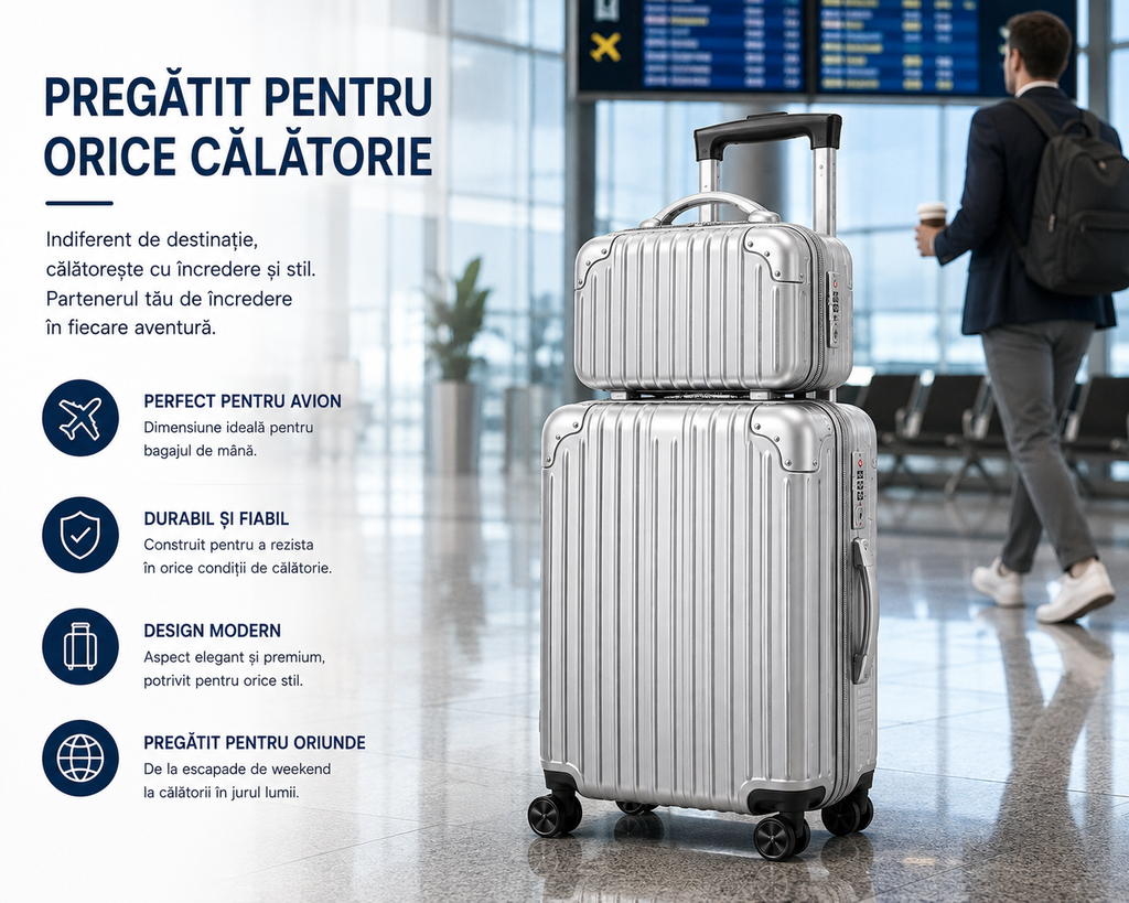 Set 2 Piese Troller și Geantă de Mână, Bagaj Cabină Avion și Cală, ABS+PC, Cifru TSA, 4 Roți Duble Silențioase 360°, Mâner Telescopic Aluminiu, Colțuri Ranforsate, Interior Compartimentat