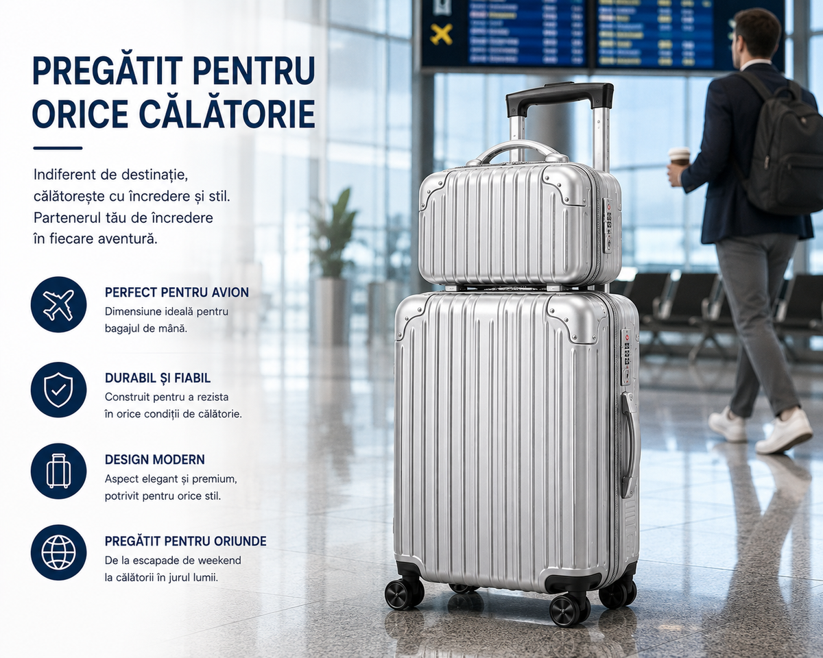 Set 2 Piese Troller și Geantă de Mână, Bagaj Cabină Avion și Cală, ABS+PC, Cifru TSA, 4 Roți Duble Silențioase 360°, Mâner Telescopic Aluminiu, Colțuri Ranforsate, Interior Compartimentat