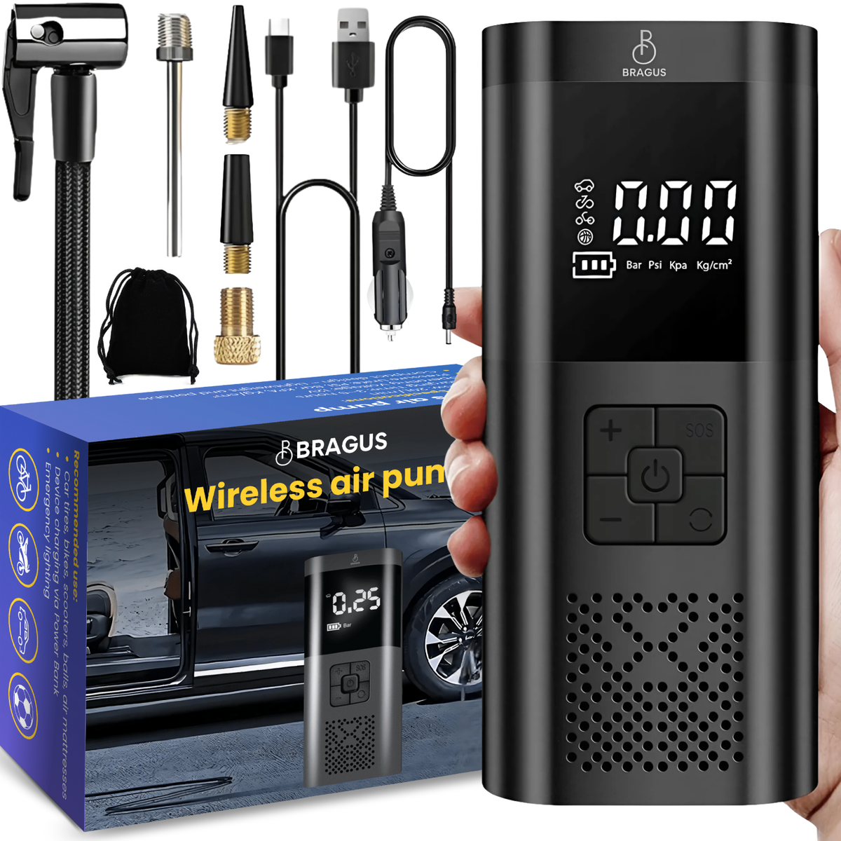 Compresor Auto Portabil, 3 în 1, Baterie 6000mAh tip Powerbank, Digital, Manometru, Lanternă LED, 150PSI, Debit 20L, Pompă Aer Mașină, 4 Accesorii, Încărcare USB, Umflare Roți, Minge, Bicicletă, Negru