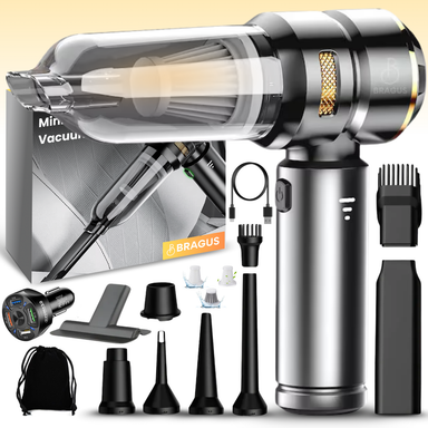 Mini Aspirator Auto Portabil, 16000 PA, Baterie 6000mAh, 100W, 90000RPM, Autonomie 30min, Aspirare, Suflare, Vacuum, 3 Viteze, 9 Accesorii, 3 Filtre HEPA Reutilizabile, Pentru Mașină și Casă
