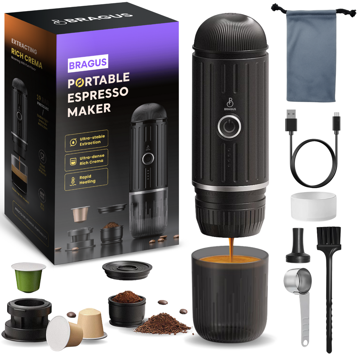 Espressor Portabil 2 în 1, Premium, pentru Cafea Măcinată sau Capsule, Reîncărcabil, Presiune 19 Bari, Baterie 7500mAh, Aparat de Cafea Portabil, Funcție de Încălzire Integrată, Încărcare Rapidă, Design Modern