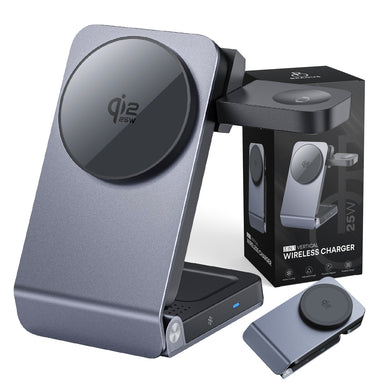 Încărcător Wireless 3 în 1, Încărcare Simultana 3 Dispozitive, Fast Charge 25W, Funcție Răcire Integrată, Tehnologie MagSafe, Protejează Bateria, QI2, Pliabil, Compact, Portabil, Compatibil Apple
