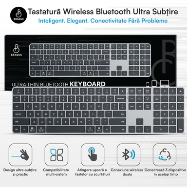 Tastatura Wireless BRAGUS BT 5.2, Aluminiu, 495g, Type-C, Negru