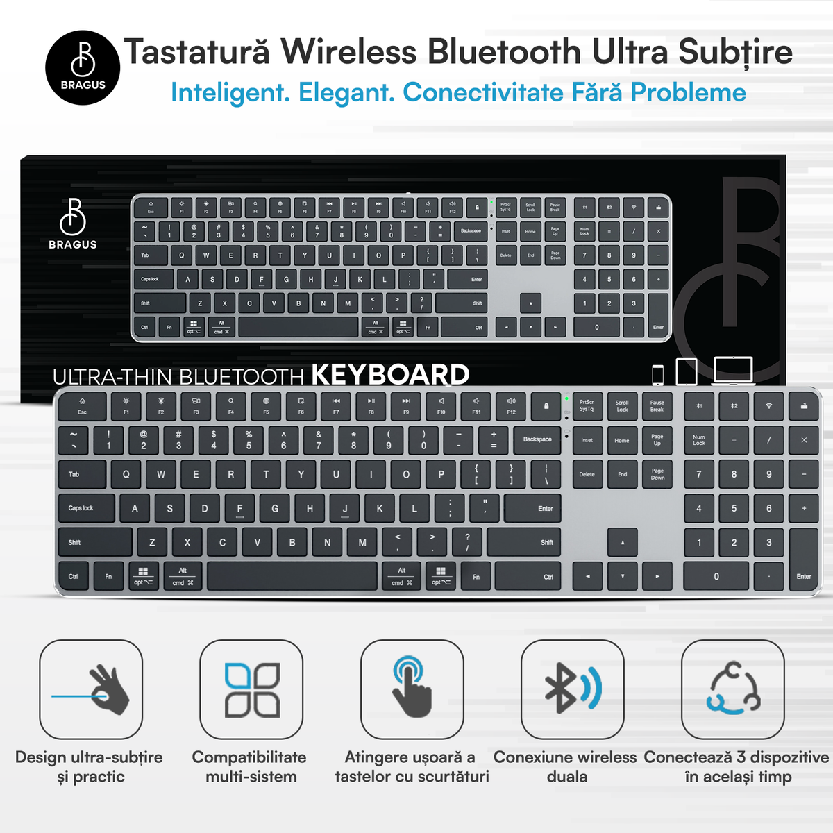 Tastatură Wireless Reîncărcabilă, Bluetooth 5.2, 500mAh, Ultra Subțire, Aluminiu, Taste Scissor Switch, Conectare la 3 Dispozitive, Compatibilă PC, Windows, Mac, iOS, Android, Type-C, 495g