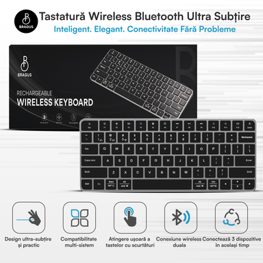 Tastatură Wireless Reîncărcabilă, BRAGUS, Bluetooth 5.1, USB, 500mAh, Ultra Subțire, Aluminiu, Conectare Simultană pe 3 Dispozitive, Compatibilă PC, Windows, Mac, iOS, Android, Type-C, 230g