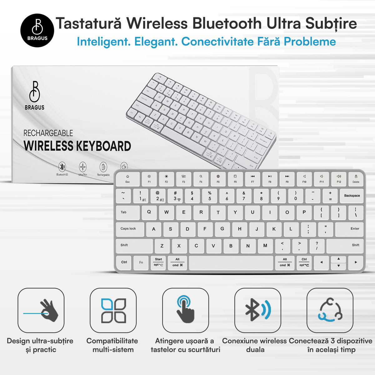 Tastatură Wireless Reîncărcabilă, BRAGUS, Bluetooth 5.1, USB, 500mAh, Ultra Subțire, Aluminiu, Conectare Simultană pe 3 Dispozitive, Compatibilă PC, Windows, Mac, iOS, Android, Type-C, 230g