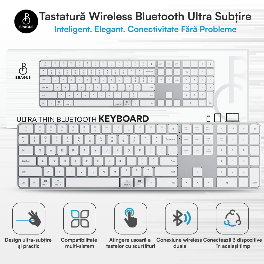 Tastatura Wireless BRAGUS BT 5.2, Aluminiu, 495g, Type-C, Alb
