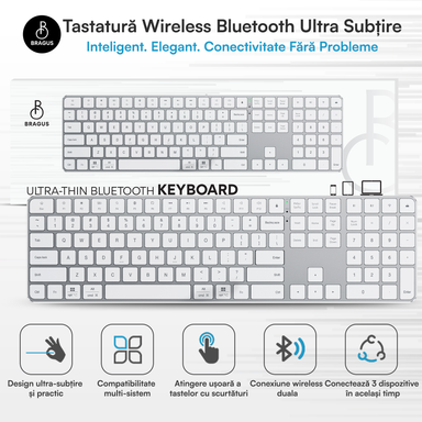 Tastatura Wireless BRAGUS BT 5.2, Aluminiu, 495g, Type-C, Alb