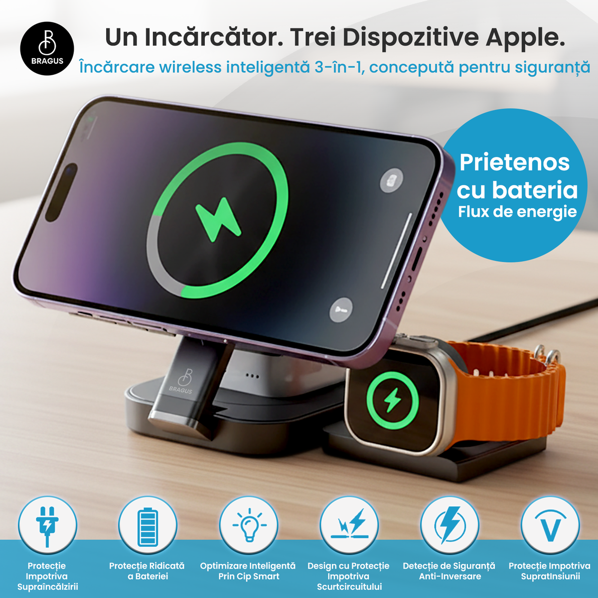 Încărcător Wireless 3 în 1, BRAGUS, Încărcare Simultană 3 Dispozitive, Încărcător Telefon Portabil, Tehnologie MagSafe, Reglabil, Încărcător Wireless Multiport, Compatibil iPhone, Apple Watch, AirPods