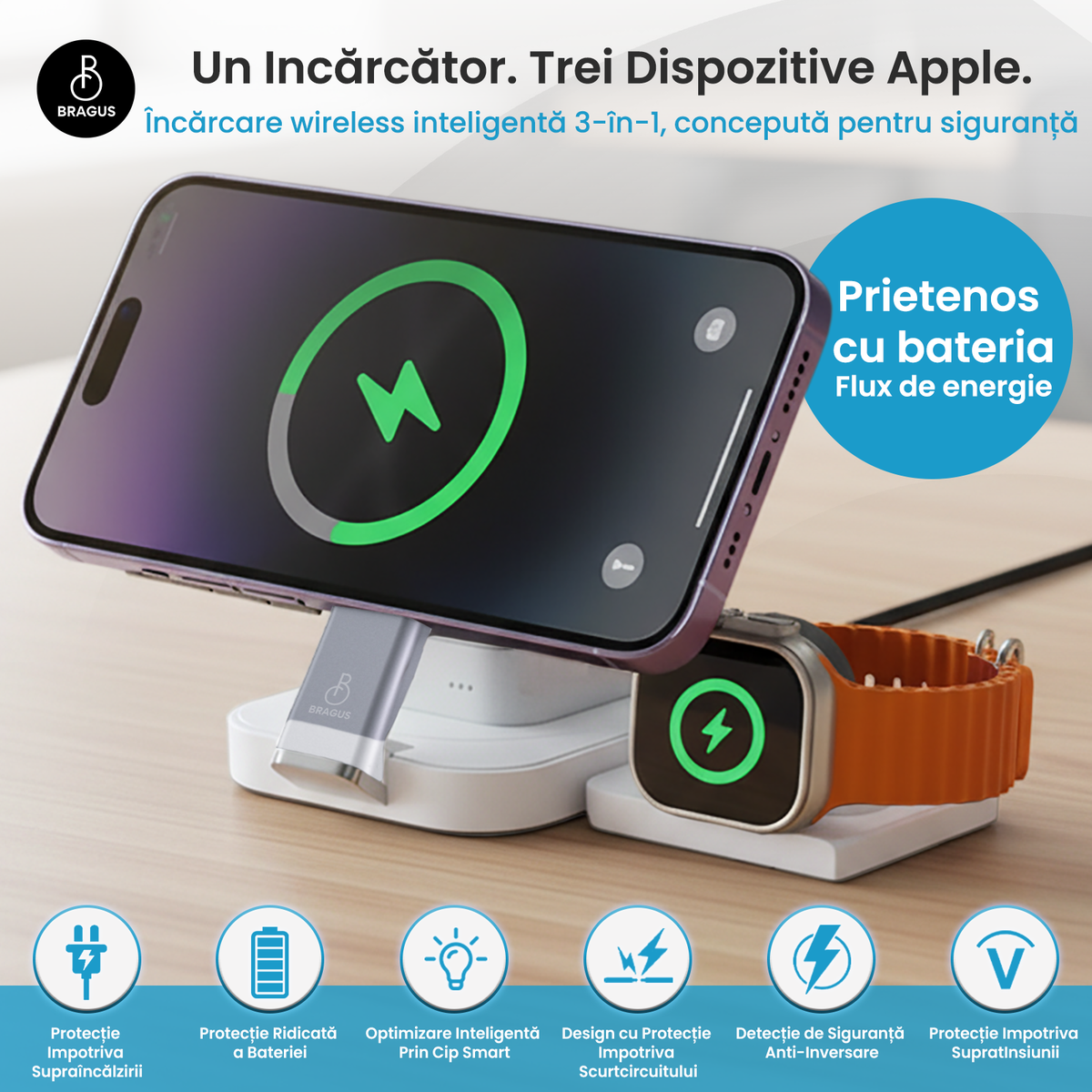 Încărcător Wireless 3 în 1, BRAGUS, Încărcare Simultană 3 Dispozitive, Încărcător Telefon Portabil, Tehnologie MagSafe, Reglabil, Încărcător Wireless Multiport, Compatibil iPhone, Apple Watch, AirPods