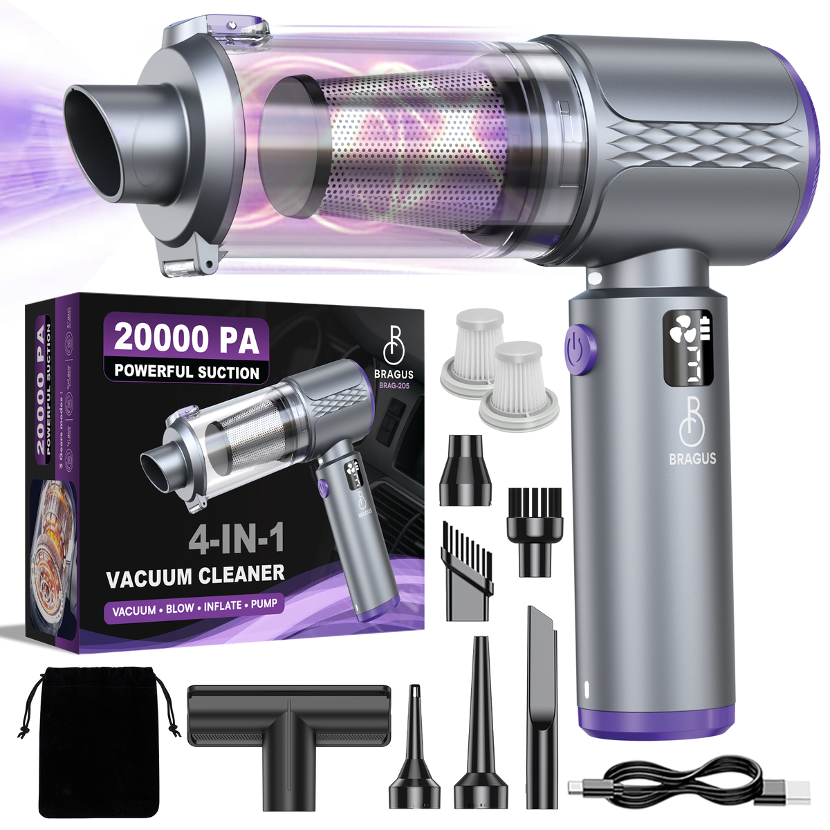Mini Aspirator Auto Portabil, 20000 PA, Baterie 6000mAh, 130W, 110000RPM, Autonomie până la 42min, Lumină LED, Aspirare, Suflare, Vacuum, 3 Viteze, 7 Accesorii, 2 Filtre HEPA, Pentru Mașină