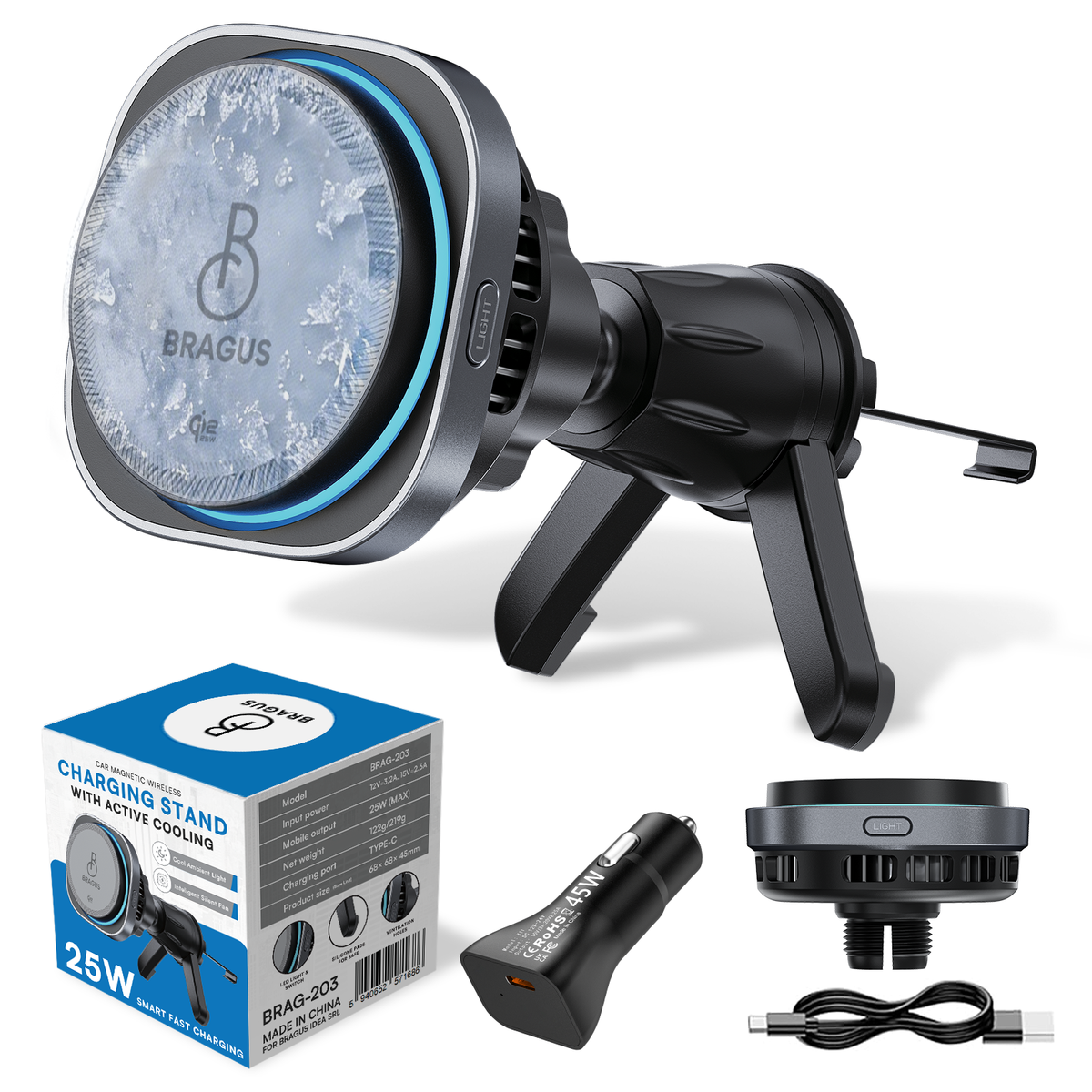Încărcător Auto Wireless Magnetic, Încărcare Rapidă 25W, Funcție Răcire Integrată, Fixare Puternică, Protocol QI2.2, Lumină Ambientală, Adaptor 45W Inclus, Tehnologie MagSafe, Suport Pentru Telefon