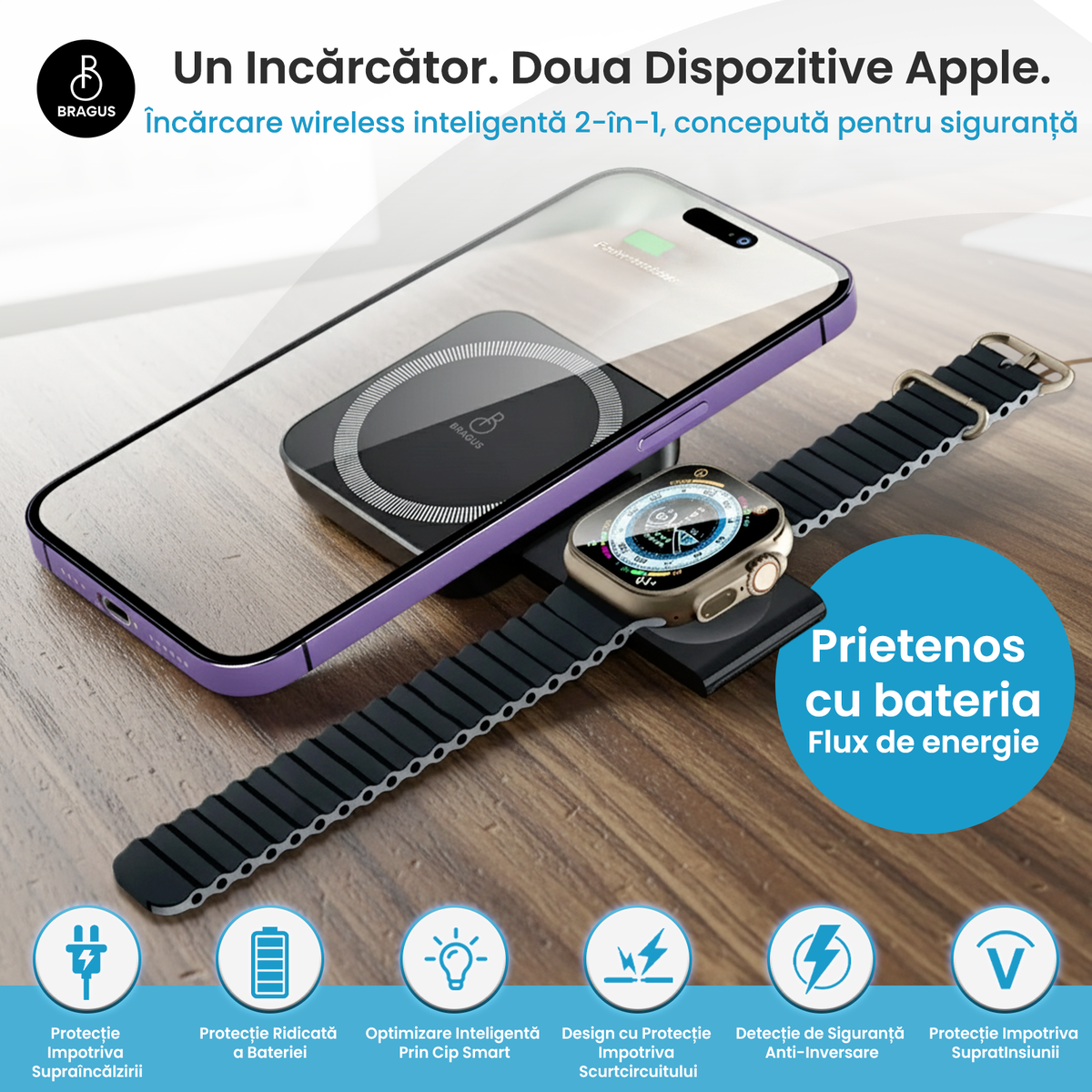 Încărcător Wireless 2 în 1, Încărcare Simultană 2 Dispozitive, Pliabil, Tehnologie MagSafe, Încărcare Duală, Magnet Puternic, Suport pentru Telefon, Compatibil iPhone, Apple Watch, AirPods, Negru