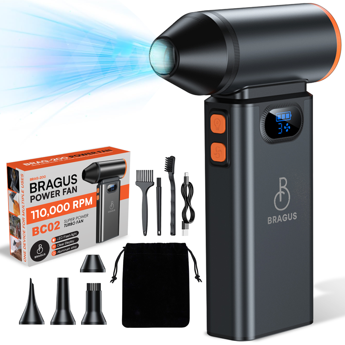 Suflantă Aer Comprimat, Portabilă, Turbo 110000 RPM, 4 Trepte de Viteză, Baterie 5200 mAh, Lumină LED, Până la 60 Minute Utilizare, Reîncărcabilă USB-C, Motor Brushless 100W, Pentru Curte sau Mașină