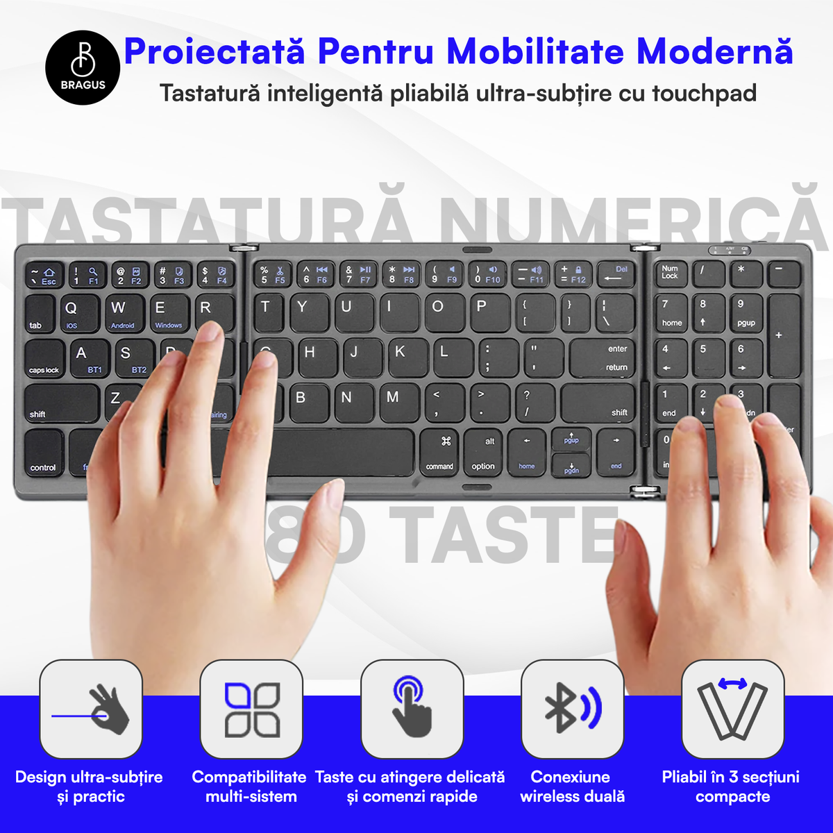Tastatură Pliabilă Ultra Subțire, Bluetooth 5.0, Reîncărcabilă USB, 140mAh, Autonomie 100h, Pliabilă în 3 secțiuni, 3 Conexiuni Simultane, Wireless, Compatibilă cu Android, iOS, Smart TV, PC, 200g