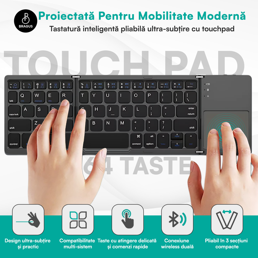 Tastatură wireless pliabilă, ultra-subțire, portabilă, reîncărcabilă USB-C, touch pad cu 2 click-uri, pliabilă în 3 secțiuni, Bluetooth 5.0, compatibilă Android, iOS, Smart TV, tabletă, PC, 200g