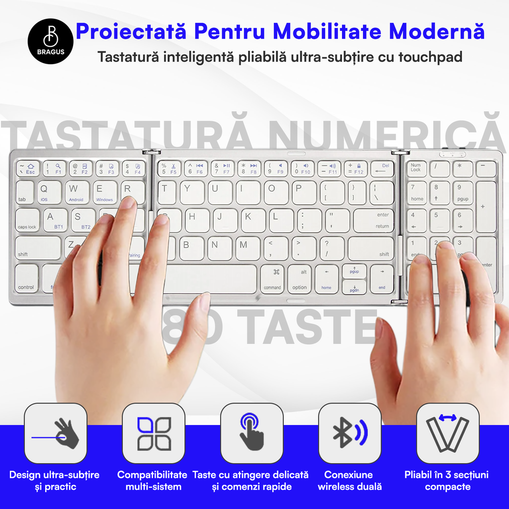 Tastatură Pliabilă Ultra Subțire, Bluetooth 5.0, Reîncărcabilă USB, 140mAh, Autonomie 100h, Pliabilă în 3 secțiuni, 3 Conexiuni Simultane, Wireless, Compatibilă cu Android, iOS, Smart TV, PC, 200g