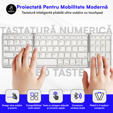 Tastatură Pliabilă Ultra Subțire, Bluetooth 5.0, Reîncărcabilă USB, 140mAh, Autonomie 100h, Pliabilă în 3 secțiuni, 3 Conexiuni Simultane, Wireless, Compatibilă cu Android, iOS, Smart TV, PC, 200g