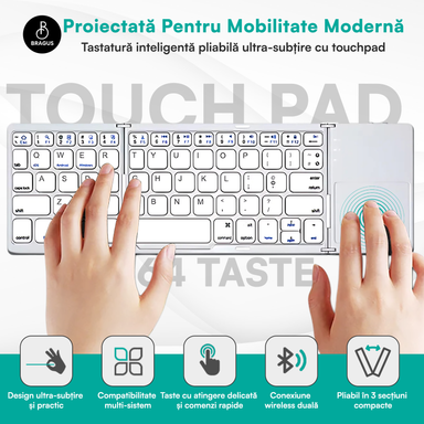 Tastatură wireless pliabilă, ultra-subțire, portabilă, reîncărcabilă USB-C, touch pad cu 2 click-uri, pliabilă în 3 secțiuni, Bluetooth 5.0, compatibilă Android, iOS, Smart TV, tabletă, PC, 200g