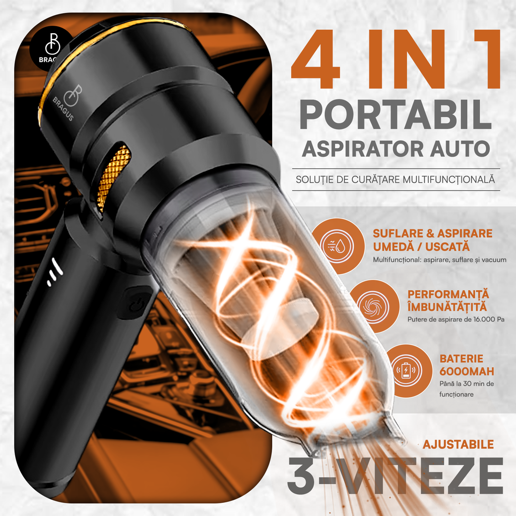Mini Aspirator Auto Portabil, 16000 PA, Baterie 6000mAh, 100W, 90000RPM, Autonomie 30min, Aspirare, Suflare, Vacuum, 3 Viteze, 9 Accesorii, 3 Filtre HEPA Reutilizabile, Pentru Mașină și Casă