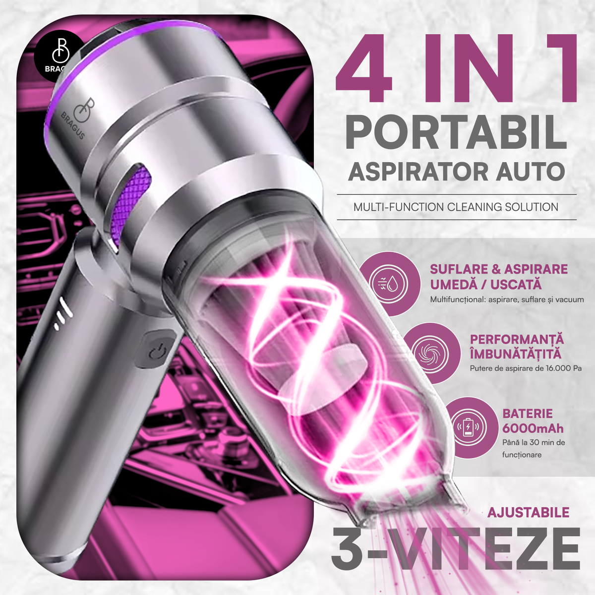 Mini Aspirator Auto Portabil, 16000 PA, Baterie 6000mAh, 100W, 90000RPM, Autonomie 30min, Aspirare, Suflare, Vacuum, 3 Viteze, 9 Accesorii, 3 Filtre HEPA Reutilizabile, Pentru Mașină și Casă