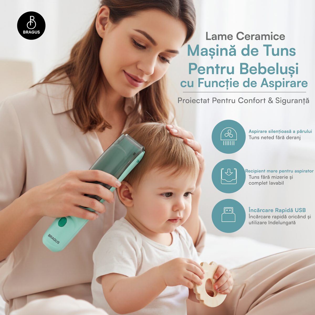 Aparat de Tuns pentru Bebelusi, Copii si Adulti, BRAGUS, 600mAh, 2 Trepte de Viteza, 2 Motoare Silentioase, Functie de Aspirare a Parului, Rezistent la Apa IPX7, Reincarcabil USB, 3 Piepteni Inclusi
