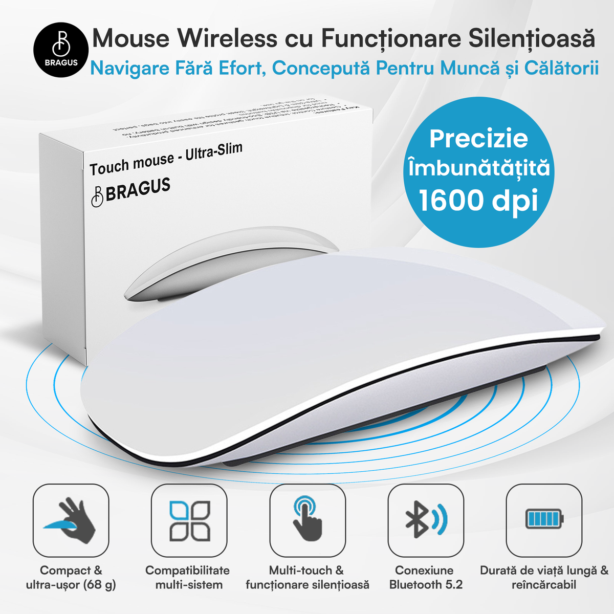 Mouse Wireless cu Gesturi, BRAGUS, Reîncărcabil USB-C, Ultra Subțire, 1600 dpi, 68gr, Mouse Touch cu Gesturi, Silențios, Design Elegant, Compact, Mouse fără fir, Compatibil cu Laptop, Telefon, Tabletă