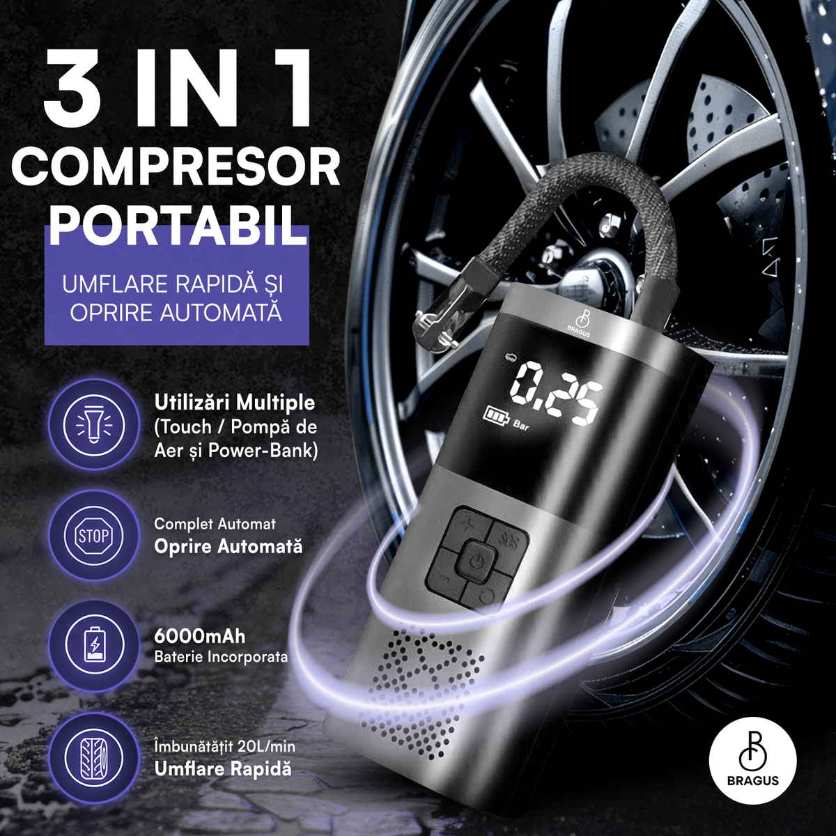 Compresor Auto Portabil, 3 în 1, Baterie 6000mAh tip Powerbank, Digital, Manometru, Lanternă LED, 150PSI, Debit 20L, Pompă Aer Mașină, 4 Accesorii, Încărcare USB, Umflare Roți, Minge, Bicicletă, Negru