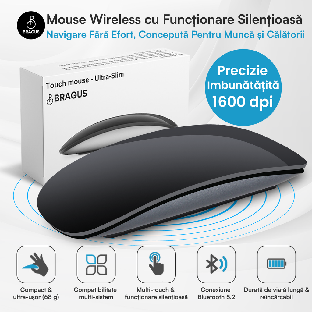 Mouse Wireless cu Gesturi, BRAGUS, Reîncărcabil USB-C, Ultra Subțire, 1600 dpi, 68gr, Mouse Touch cu Gesturi, Silențios, Design Elegant, Compact, Mouse fără fir, Compatibil cu Laptop, Telefon, Tabletă