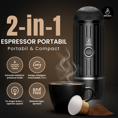 Espressor Portabil 2 în 1, Premium, pentru Cafea Măcinată sau Capsule, Reîncărcabil, Presiune 19 Bari, Baterie 7500mAh, Aparat de Cafea Portabil, Funcție de Încălzire Integrată, Încărcare Rapidă, Design Modern