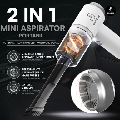 Mini Aspirator Auto Portabil, Acumulator 2400mAh, 9000Pa, 120W, Autonomie 30min, 2 în 1 Aspirare și Suflare, Vidare, Umflare, LED, Filtru HEPA, 3 Filtre Incluse, pentru Mașină și Casă, Încărcare USB