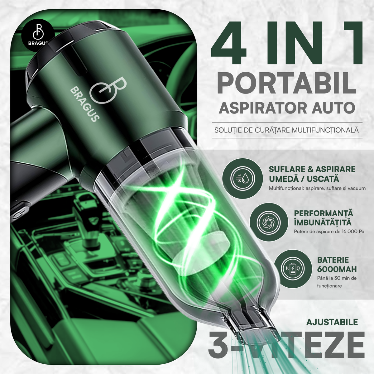Mini Aspirator Portabil, BRAGUS, Pliabil, 16000Pa, 100W, Baterie 6000mAh, Autonomie 30min, 2în1 Aspirare și Suflare, Vidare, Umflare, 9 Accesorii, 3 Viteze, Filtru HEPA Reutilizabil, 3 Filtre