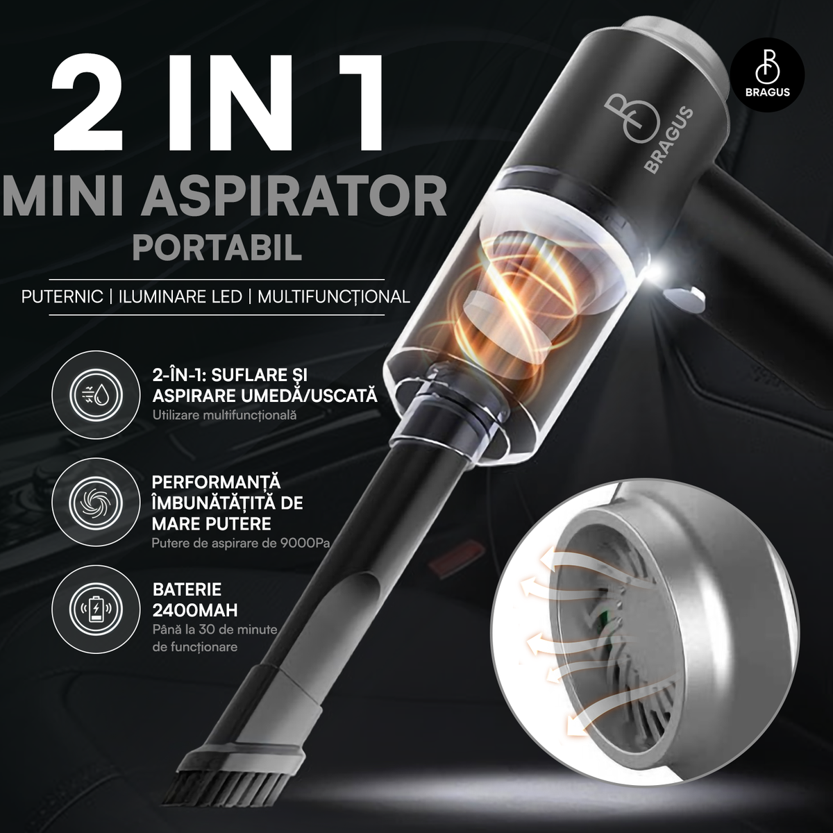 Mini Aspirator Auto Portabil, Acumulator 2400mAh, 9000Pa, 120W, Autonomie 30min, 2 în 1 Aspirare și Suflare, Vidare, Umflare, LED, Filtru HEPA, 3 Filtre Incluse, pentru Mașină și Casă, Încărcare USB