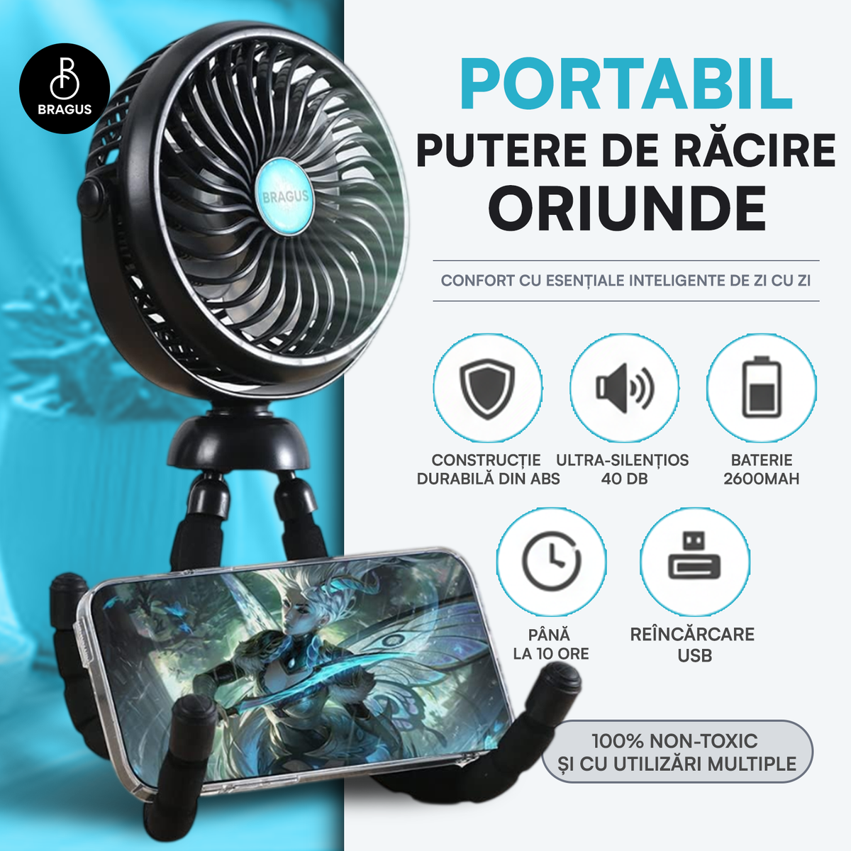 Ventilator Portabil, Trepied Flexibil și Detașabil, Baterie 2600mAh, Autonomie 10h, Reîncărcabil USB, 3 Trepte, Rotire 360, Silențios, Ventilator Mobil Birou, Călătorie, Camping, Mașină, Casă, Negru