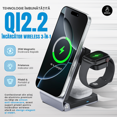 Încărcător Wireless 3 în 1, Încărcare Simultana 3 Dispozitive, Fast Charge 25W, Funcție Răcire Integrată, Tehnologie MagSafe, Protejează Bateria, QI2, Pliabil, Compact, Portabil, Compatibil Apple