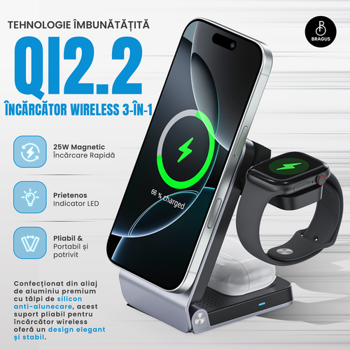 Încărcător Wireless 3 în 1, Încărcare Simultana 3 Dispozitive, Fast Charge 25W, Funcție Răcire Integrată, Tehnologie MagSafe, Protejează Bateria, QI2, Pliabil, Compact, Portabil, Compatibil Apple