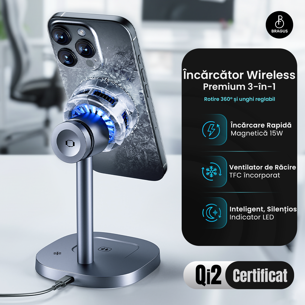 Încărcător Wireless 3 în 1, Încărcare Simultana 3 Dispozitive, Funcție Răcire Integrată, Tehnologie MagSafe, Protejează Bateria, Fast Charge 15W, QI2, Încărcător Multiport Wireless, Compatibil Apple