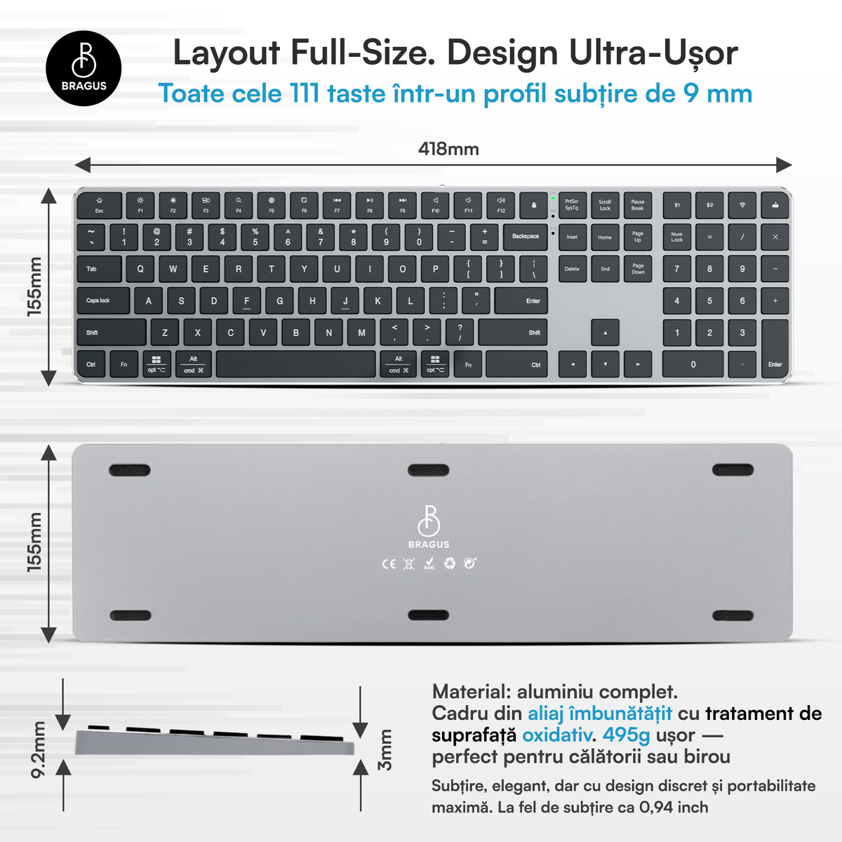Tastatură Wireless Reîncărcabilă, Bluetooth 5.2, 500mAh, Ultra Subțire, Aluminiu, Taste Scissor Switch, Conectare la 3 Dispozitive, Compatibilă PC, Windows, Mac, iOS, Android, Type-C, 495g